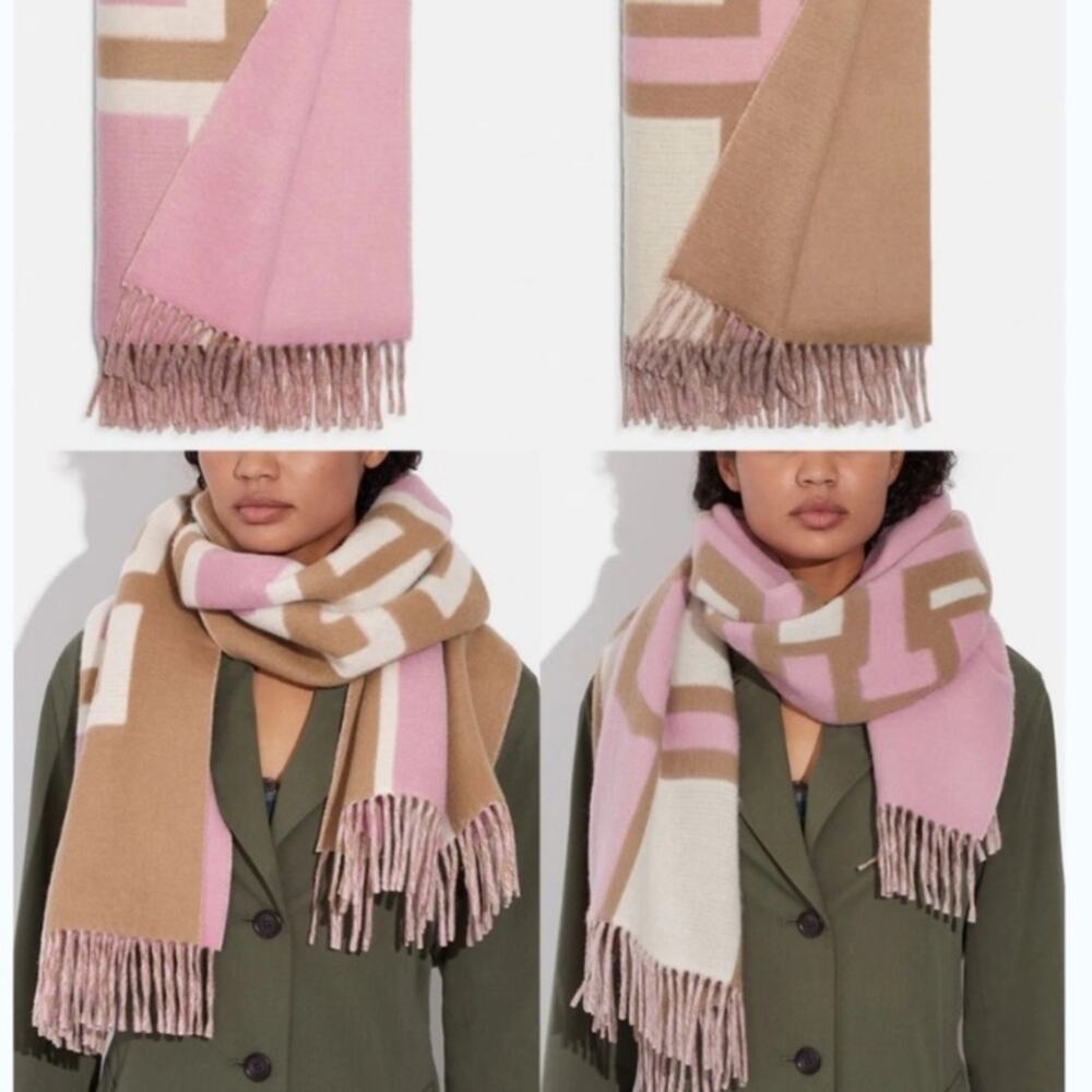 Coach Reversible Colorblock Varsity Print Oversized Muffler Scarf Pink Tan